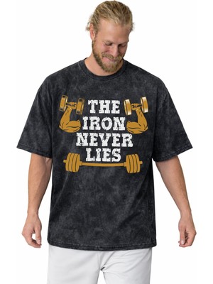Sevbano The Iron Never Lies Bodybuilding Fitness Gym Sporcu Baskılı Unisex Oversize Vintage Yıkamalı Tişört