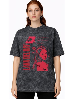 Sevbano Tasarım Lana Del Rey Şarkıcı Baskılı Unisex Oversize Vintage Yıkamalı Tişört