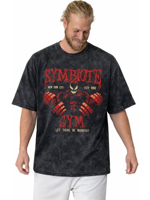 Sevbano Tasarım Symbiote Gym Fitness Bodybuilding Sporcu Baskılı Unisex Oversize Vintage Yıkamalı Tişört