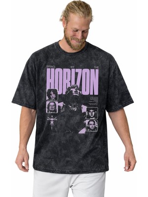 Sevbano Tasarım Horizon Rock Metal Müzik Grubu Baskılı Unisex Oversize Vintage Yıkamalı Tişört