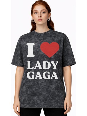 Sevbano I Love Lady Gaga Şarkıcı Baskılı Unisex Oversize Vintage Yıkamalı Tişört