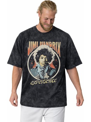 Sevbano Tasarım Jimi Hendrix Efsane Şarkıcı Baskılı Unisex Oversize Vintage Yıkamalı Tişört
