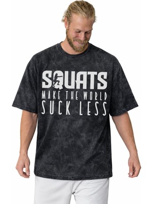 Sevbano Squat Yazılı Fitness Sporcu Bodybuilding Baskılı Unisex Oversize Vintage Yıkamalı Tişört