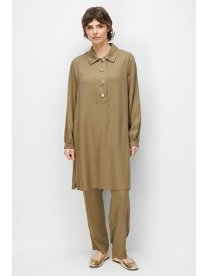 Micca %100 Doğal LyoCELL Maxi Dökümlü Soft Kumaş Basen Örten Maxi Tunik Pantalon Kombin Takım-Haki