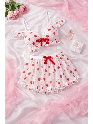 Çeyize Dair Herşey Kadın Çilek Desenli Fırfırlı Bralet ve Mini Etek Takımı 3 Parça