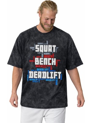 Sevbano Squat Bench Deadlift Fitness Bodybuilding Sporcu Baskılı Unisex Oversize Vintage Yıkamalı Tişört