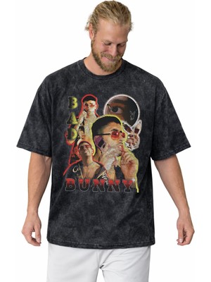 Sevbano Tasarım Bad Bunny Rapper Şarkıcı Baskılı Unisex Oversize Vintage Yıkamalı Tişört
