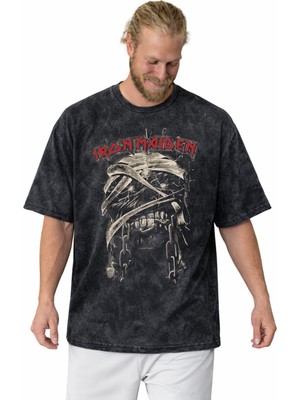Sevbano Tasarım Iron Maiden Rock Metal Müzik Grubu Baskılı Unisex Oversize Vintage Yıkamalı Tişört