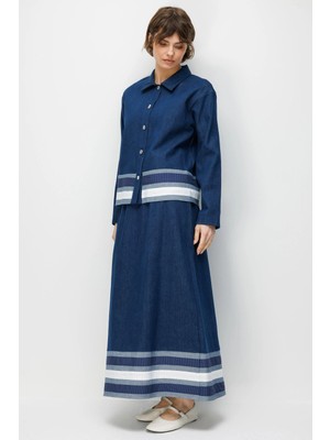 Micca %100 Pamuk Denim Marin Garni Detaylı Etek Ceket Kombinli Takım-Denim