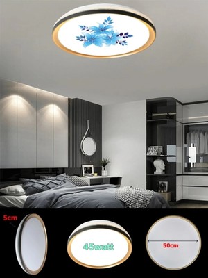 Gökyüzü Panel 50CM Yuvarlak Avize, Gül Baskı,güçlü Işık,  Gold Ledli Tavan Armatürü, 45WATT, Beyaz Işık, 7000K,