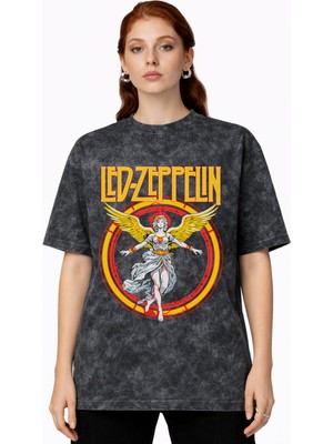 Sevbano Tasarım LED Zeppelin Rock Metal Müzik Grubu Baskılı Unisex Oversize Vintage Yıkamalı Tişört