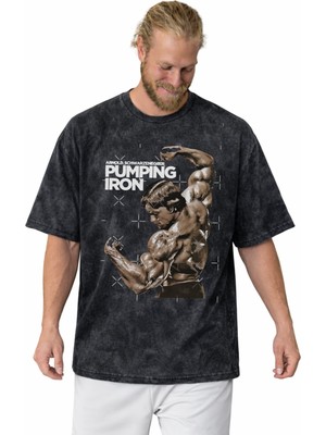 Sevbano Arnold Pumping Iron Fitness Bodybuilding Sporcu Baskılı Unisex Oversize Vintage Yıkamalı Tişört