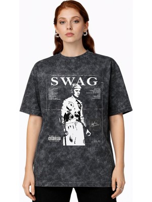 Sevbano Swag Justin Bieber Şarkıcı Baskılı Unisex Oversize Vintage Yıkamalı Tişört