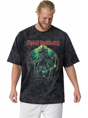 Sevbano Iron Maiden Rock Metal Müzik Grubu Baskılı Unisex Oversize Vintage Yıkamalı Tişört
