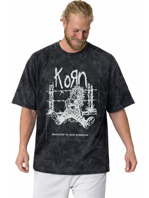 Sevbano Tasarım Korn Rock Metal Müzik Grubu Baskılı Unisex Oversize Vintage Yıkamalı Tişört