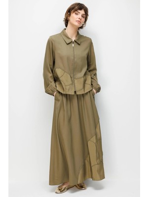 Micca %100 Doğal LyoCEL Dökümlü Soft Hissiyat Aller Elişi Nakışi şleme Etek ve Maxi Ceket Kombin Takım-Haki