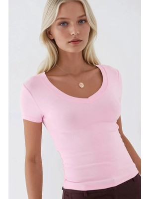 Hiccup Kadın BUSEM Esnek V-Yaka Kısa Kollu Tişört Toz Pembe