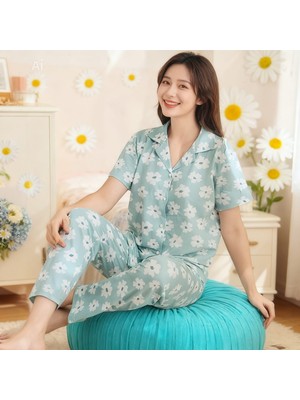NiCe İç Giyim Çiçek Desen Gömlek Yaka Düğmeli Milan Kumaş Yumuşacık Kadın Pijama Takım