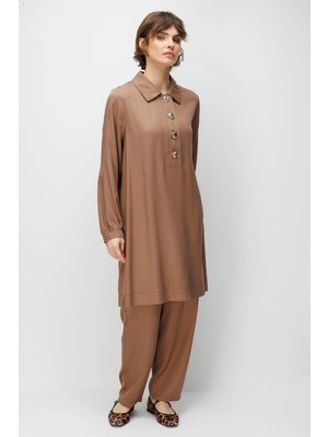 Micca %100 Doğal LyoCELL Maxi Dökümlü Soft Kumaş Basen Örten Maxi Tunik Pantalon Kombin Takım-Kahve