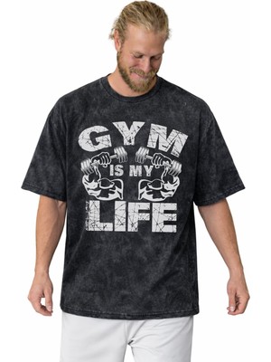 Sevbano Gym Is My Life Bodybulding Fitness Gym Sporcu Baskılı Unisex Oversize Vintage Yıkamalı Tişört