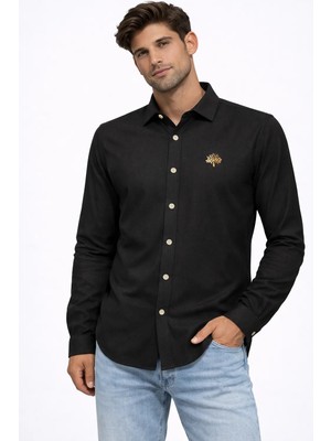 Cococan8 Erkek Siyah Kadife  Örme Gömlek Nakışlı Yumuşak Dokulu