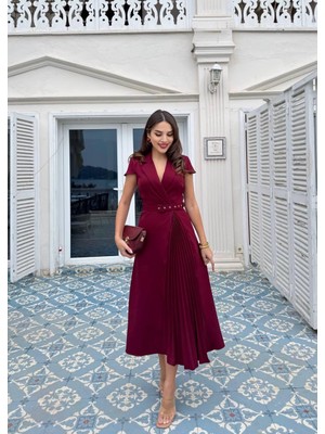MBK Fashion Kruvaze Yaka Piliseli Kemerli Midi Elbise