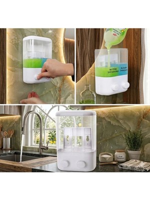 MAİN SHOP 1 Adet Yapışkanlı Duvara Monte Mutfak Manuel Sıvı Sabunluk Çift Bölmeli 1000 ml Doldurulabilir M-55