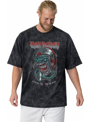 Sevbano Iron Maiden Rock Metal Müzik Grubu Baskılı Unisex Oversize Vintage Yıkamalı Tişört