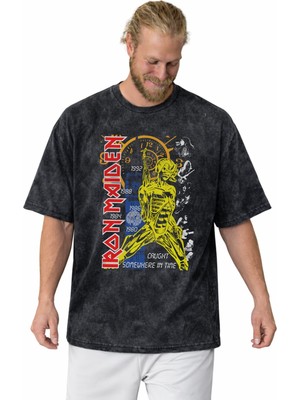 Sevbano Iron Maiden Rock Metal Müzik Grubu Baskılı Unisex Oversize Vintage Yıkamalı Tişört
