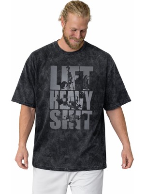 Sevbano Lift Heavy Shit Sporcu Bodybuilding Fitness Baskılı Unisex Oversize Vintage Yıkamalı Tişört