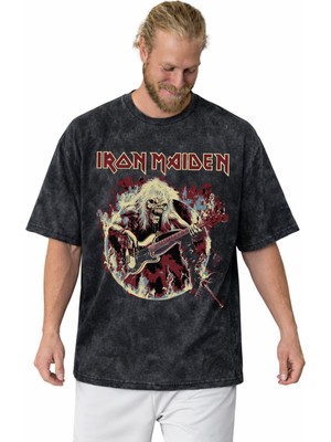 Sevbano Tasarım Iron Maiden Rock Metal Müzik Grubu Baskılı Unisex Oversize Vintage Yıkamalı Tişört