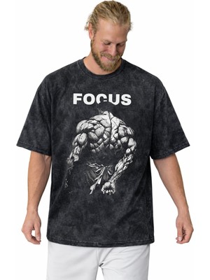 Sevbano Tasarım Focus Bodybulding Fitness Gym Sporcu Baskılı Unisex Oversize Vintage Yıkamalı Tişört