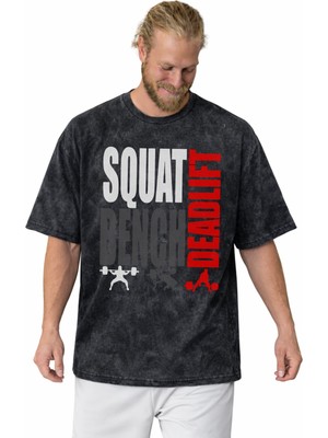 Sevbano Squat Bench Deadlift Sporcu Bodybuilding Fitness Baskılı Unisex Oversize Vintage Yıkamalı Tişört