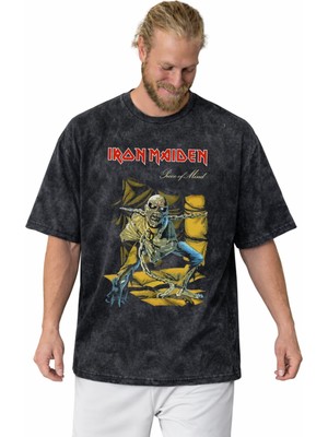 Sevbano Tasarım Iron Maiden Rock Metal Müzik Grubu Baskılı Unisex Oversize Vintage Yıkamalı Tişört