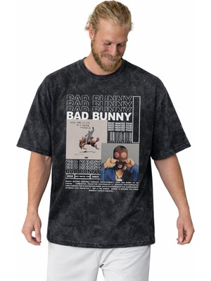 Sevbano Bad Bunny Rapper Şarkıcı Baskılı Unisex Oversize Vintage Yıkamalı Tişört