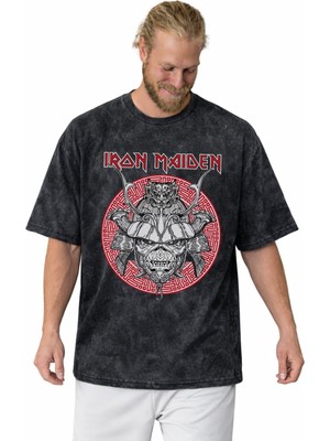 Sevbano Iron Maiden Rock Metal Müzik Grubu Baskılı Unisex Oversize Vintage Yıkamalı Tişört