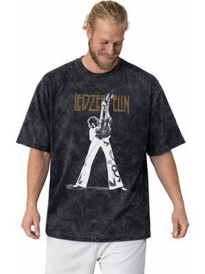 Sevbano Tasarım LED Zeppelin Rock Metal Müzik Grubu Baskılı Unisex Oversize Vintage Yıkamalı Tişört