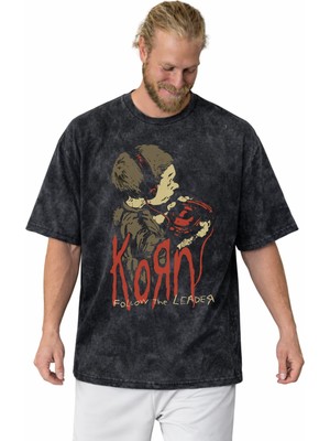 Sevbano Korn Rock Metal Müzik Grubu Baskılı Unisex Oversize Vintage Yıkamalı Tişört