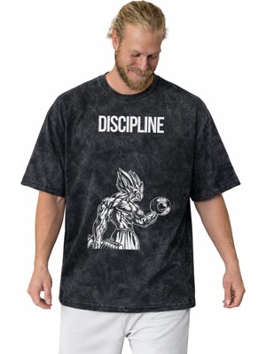 Sevbano Disiplin Yazılı Anime Fitness Bodybuilding Sporcu  Baskılı Unisex Oversize Vintage Yıkamalı Tişört