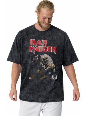 Sevbano Tasarım Iron Maiden Rock Metal Müzik Grubu Baskılı Unisex Oversize Vintage Yıkamalı Tişört