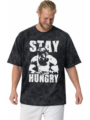 Sevbano Arnold Stay Hungry Fitness Bodybuilding Sporcu Gym Baskılı Unisex Oversize Vintage Yıkamalı Tişört