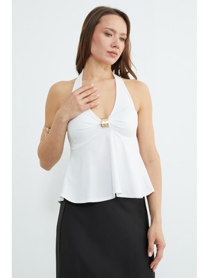 FullaModa Toka Aksesuarlı Boyundan Geçirmeli Kaplı Bluz