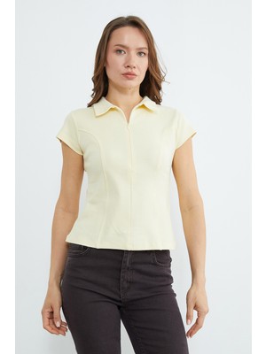 FullaModa Basic Yarım Fermuarlı Polo Yaka Slim Fit Tişört
