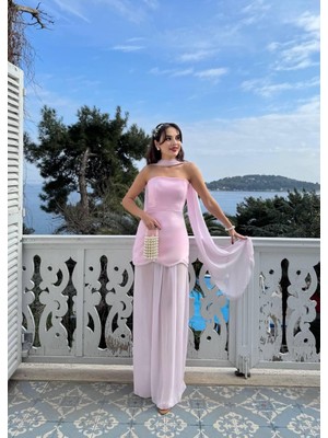 MBK Fashion Straplez Şal Detay Uzun Abiye Elbise