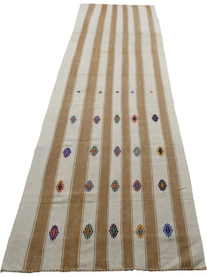 Zehra Abla Halı Yeni El Dokuma Uzun Tek Parça Ak Pamuklu Yörük Yolluk Kilim 7017
