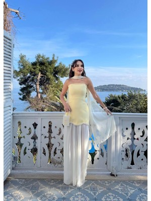 MBK Fashion Straplez Şal Detay Uzun Abiye Elbise