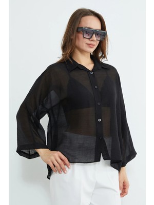 FullaModa Jakarlı Kapri Kol Transparan Gömlek