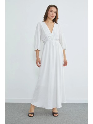 FullaModa Önü Bağlamalı Beli Lastikli Maxi Boy Elbise