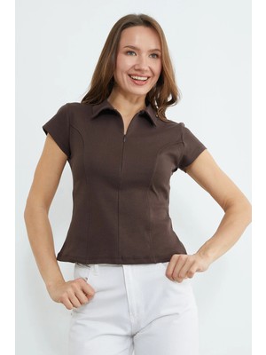 FullaModa Basic Yarım Fermuarlı Polo Yaka Slim Fit Tişört