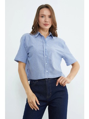 FullaModa Çizgili Oversize Crop Gömlek